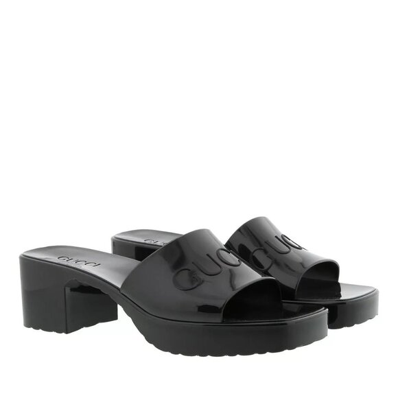 Gucci Logo Embossed Mid-Heel Rubber Sandals Black 624730 EU38 - Picture 1 of 12